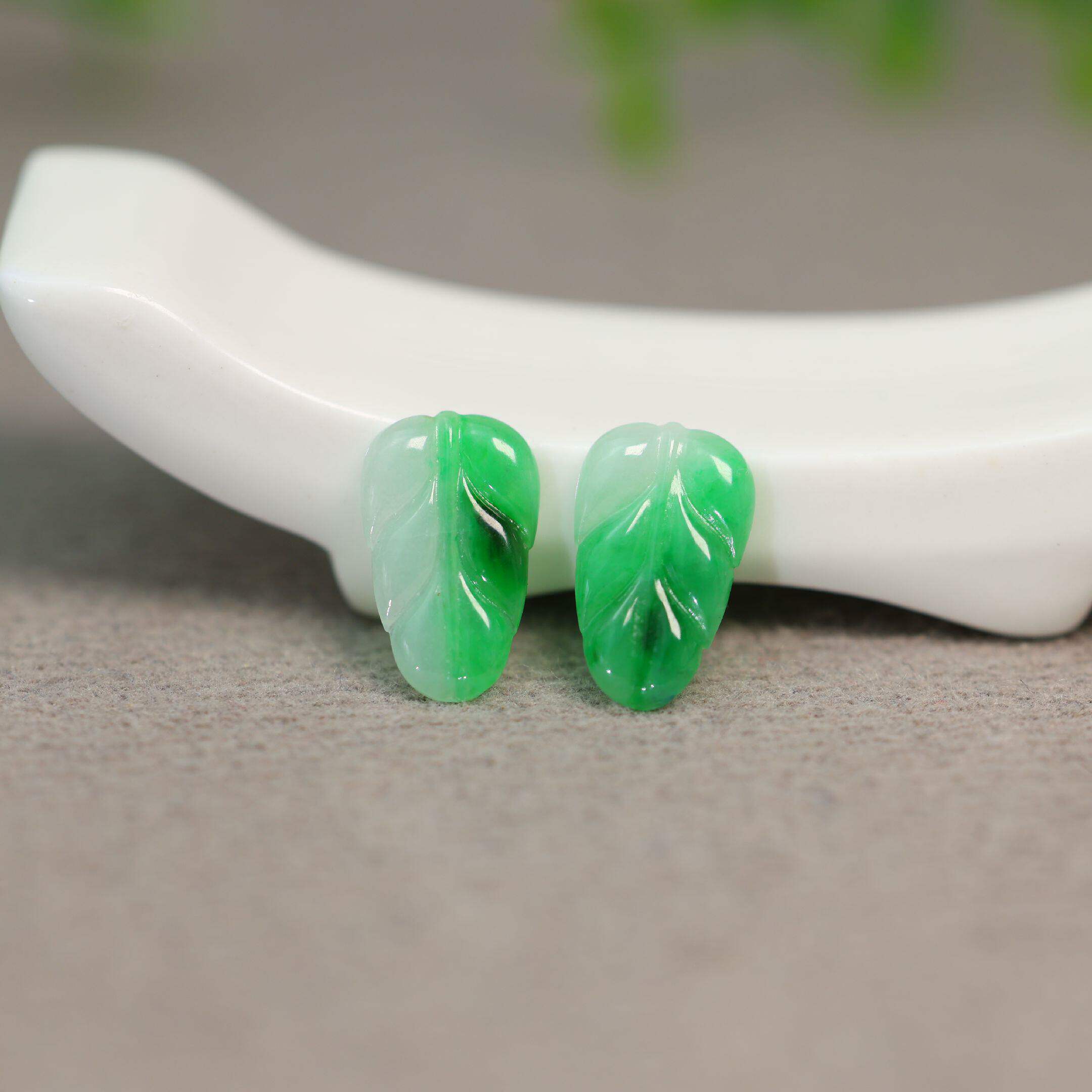 #K818一对冰糯种飘阳绿缅甸天然A货翡翠树叶子戒面 镶嵌耳钉裸石