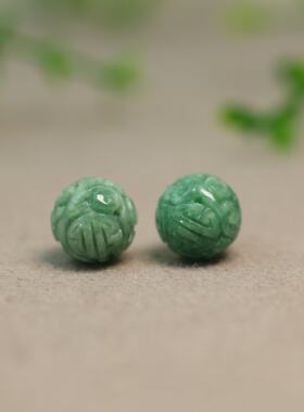 #M511 一对果绿色缅甸天然A货翡翠团寿龙纹雕花珠子12MM圆珠
