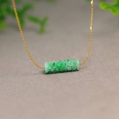 天然A货翡翠雕花管珠桶珠吊坠