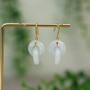 耳饰 18K金镶嵌白冰天然A货翡翠两连环耳坠耳环耳钩款 L329