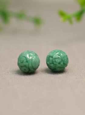 #K231一对满绿缅甸天然A货翡翠雕花珠子 12MM圆珠顶珠