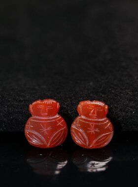 一对红色天然老玛瑙童子  通天孔
