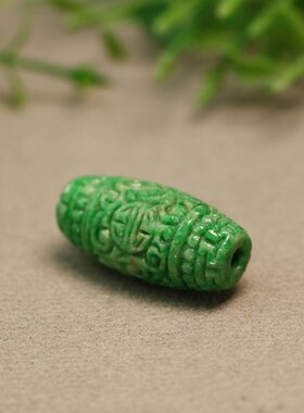#E812黄加绿天然A货翡翠雕花路路通桶珠鼓珠吊坠