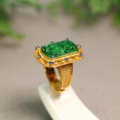 特价 B973 S925银镀金镶嵌满绿天然A货翡翠复古雕花活口戒指