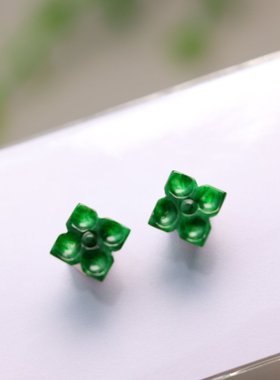 #H628一对满色辣绿天然A货翡翠四叶草 镶嵌耳钉裸石