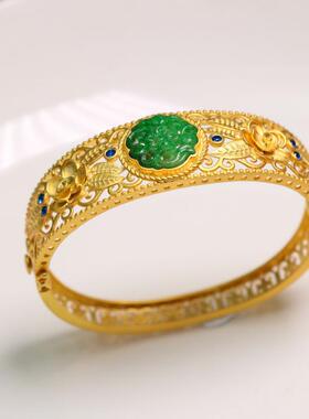 特价#0638银鎏金镶嵌满绿天然A货老翡翠复古缕空卡扣式雕花手镯