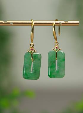 #G622 冰种辣绿缅甸天然A货翡翠方块糖福贝耳坠S925银耳钩款