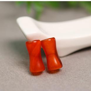特价#7716一对创汇期红色天然老玛瑙柱形管状珠桶珠