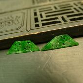 K146一对冰种辣绿缅甸天然A货翡翠镂空雕花梯形花片
