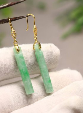 #G030 糯种绿色天然A货翡翠翎管耳坠 S925银镀金镶嵌