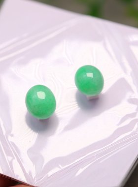#J374一对冰糯种满色阳绿天然A货翡翠椭圆蛋面戒面 镶嵌耳钉裸石