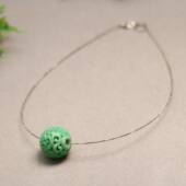 配银项圈 满色果绿天然A货翡翠镂空雕花大圆珠子锁骨吊坠 7871