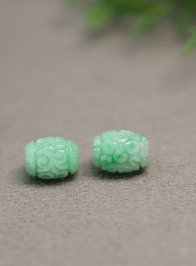 #H644一对阳绿天然A货翡翠雕花路路通转运珠桶珠鼓珠