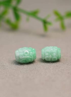 #K313一对糯白底浅绿色缅甸天然A货翡翠雕花路路通鼓珠  DIY配件