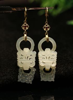 特价#C538一对925银镶嵌和田白玉镂空雕花花篮耳坠