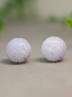 #K625一对紫色缅甸天然A货翡翠团寿龙纹雕花珠子 15MM圆珠佛珠