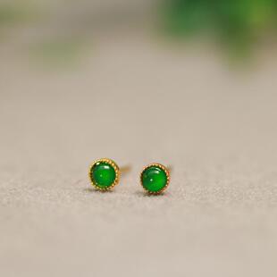 特价 C325一对18K金镶嵌老坑冰种满绿天然A货翡翠小圆蛋面耳钉
