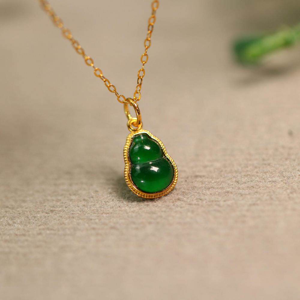 特价#D250 18K金镶嵌老坑冰种满绿天然A货翡翠葫芦小吊坠坠角