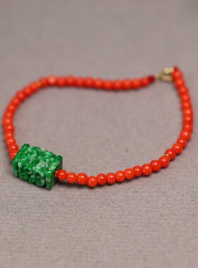 #G232 18K金辣绿天然A货翡翠雕花桶珠手链搭配天然有机红宝珠子