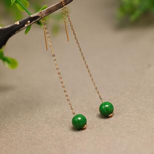 特价#D205一对18K金耳线镶嵌满色辣绿天然A货翡翠素面圆珠子耳坠