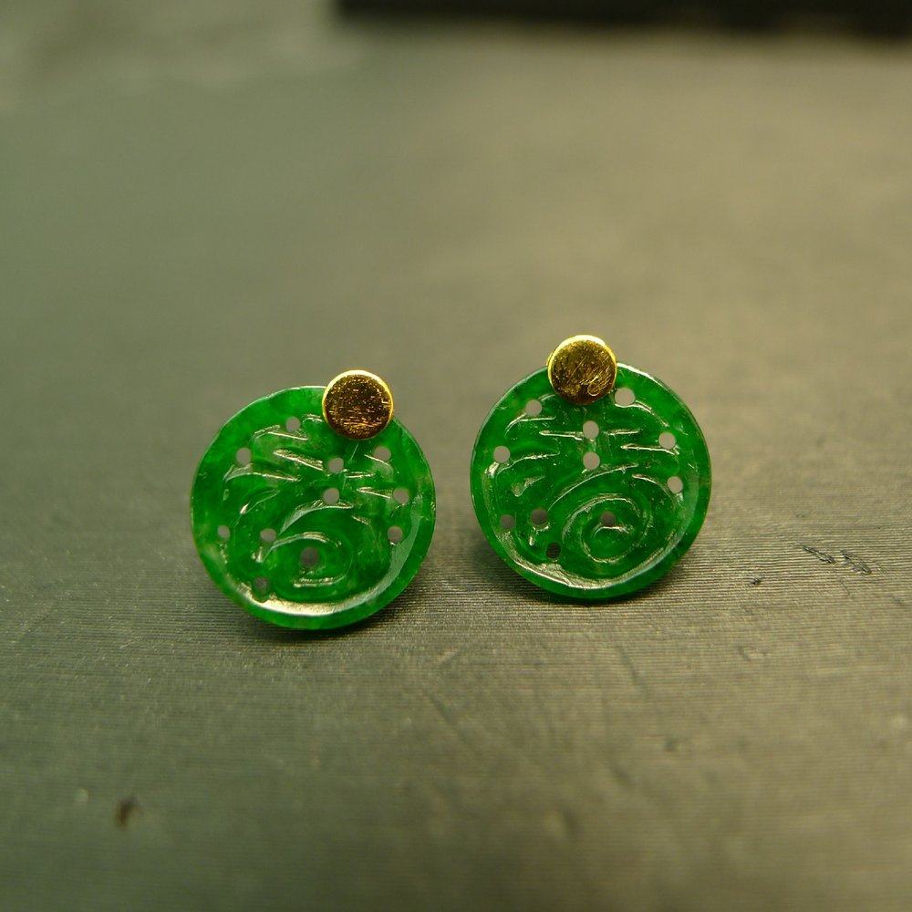 #H890 18K金镶嵌老坑满绿天然A货翡翠镂空雕圆形福字耳钉耳饰,珠宝/钻石/翡翠,耳饰,淘宝优惠券,粉丝福利购,淘宝优惠卷
