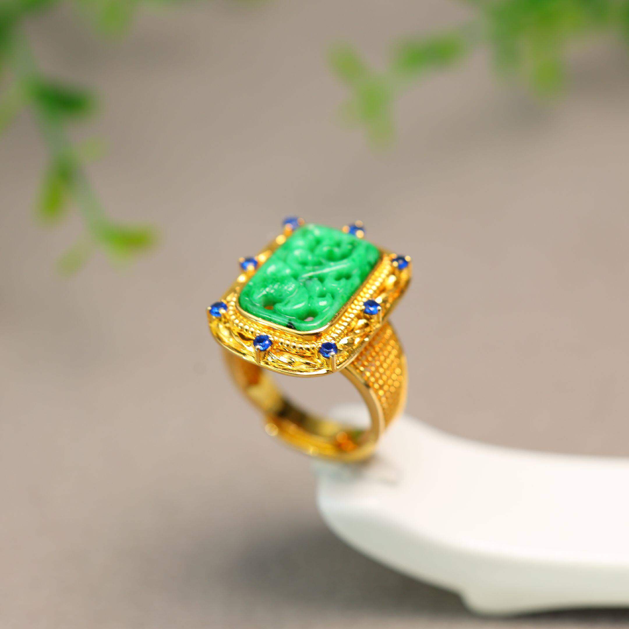 满绿缅甸天然A货翡翠雕花戒指