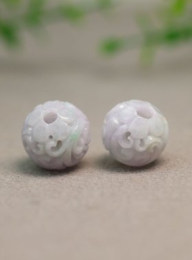 #I992紫色缅甸天然A货翡翠镂空雕花珠子 梅花圆珠佛珠