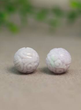 #K896一对紫色缅甸天然A货翡翠团寿雕花珠子 14MM圆珠顶珠佛珠