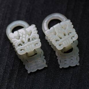 一对创汇期缕空雕老和田白玉花篮吊坠 镶嵌耳坠漂亮