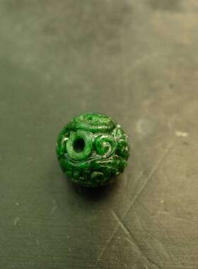 #J564满绿缅甸天然A货翡翠团寿雕花珠子 15MM圆珠顶珠佛珠
