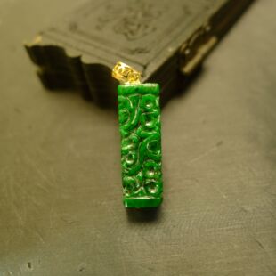 #J888 18K金镶嵌满色辣缅甸天然A货翡翠雕花管珠桶珠吊坠
