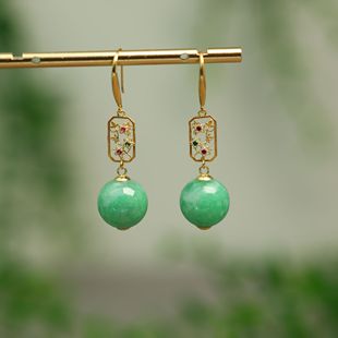 18K金镶嵌满色阳绿缅甸天然A货翡翠圆珠子耳坠耳环耳饰 K299