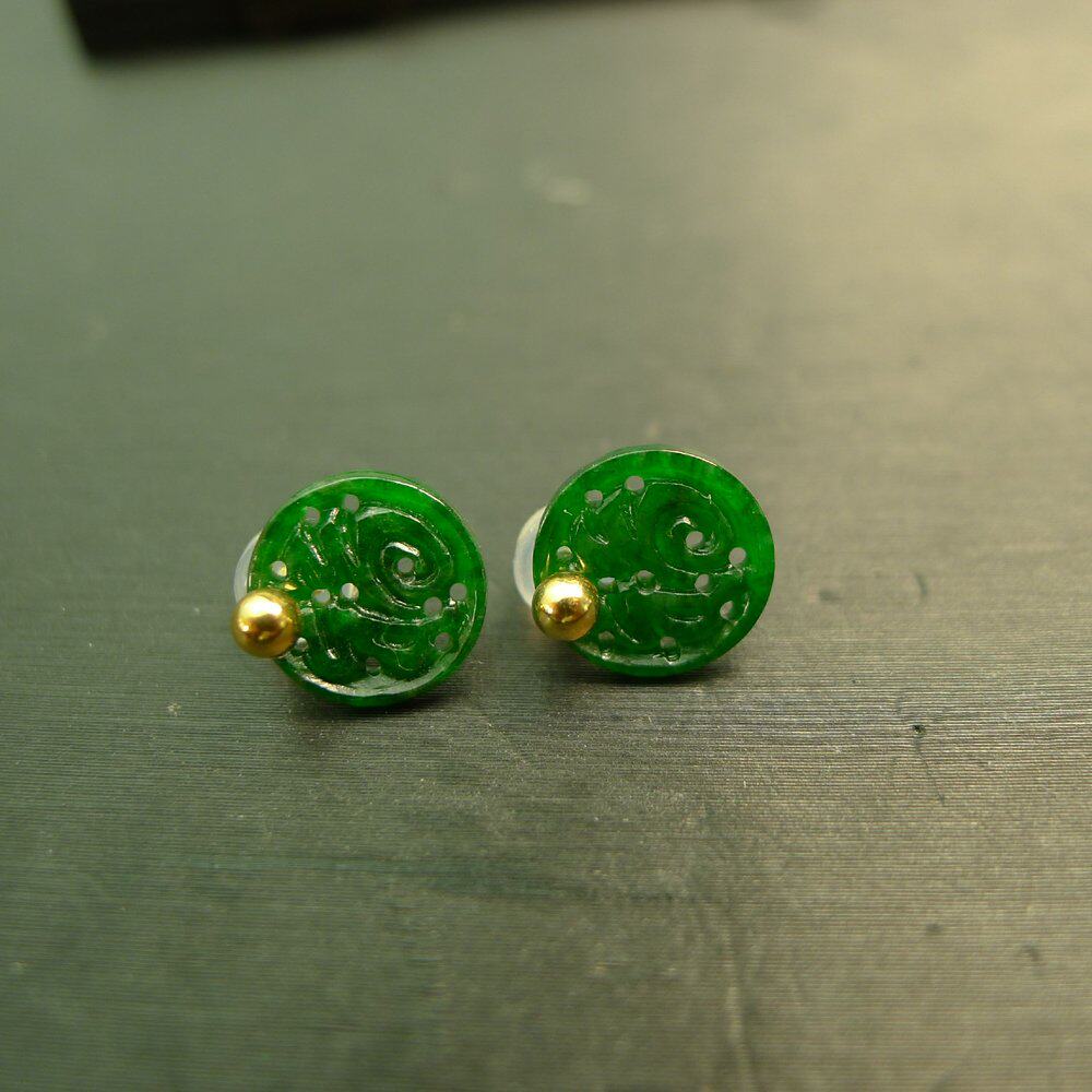 #G663 18K金耳针镶嵌冰种满绿天然A货翡翠镂空福字耳钉耳饰