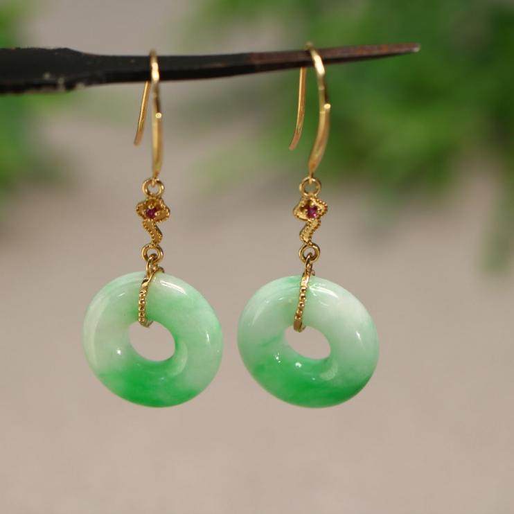 特价#9136一对18K金镶嵌飘阳绿天然A货翡翠小环耳环耳坠 耳钩款