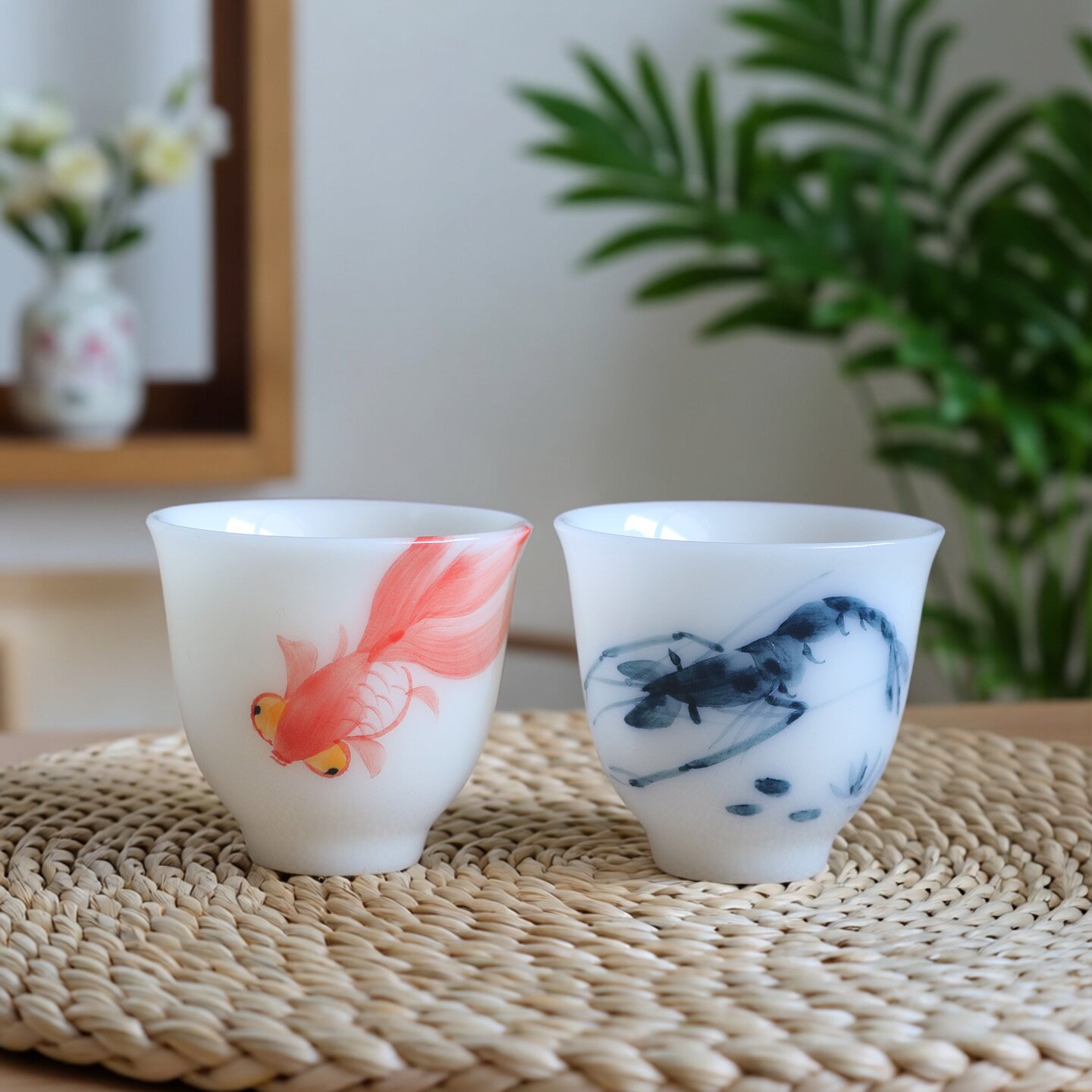 璞玉陶瓷茶杯功夫茶具品茗杯手绘釉下彩高温瓷杯子主人杯60毫升鱼