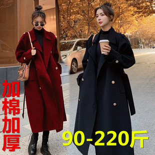 胖mm200斤高端酒红色加厚毛呢外套女中长款过膝宽松加棉呢子大衣