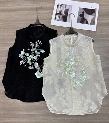 2026重工艺款手工渐变亮片钉珠高级剪花拼接小立领真丝无袖上衣