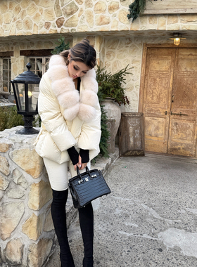 PrettyDragon高克重90白鸭绒羽绒服可拆卸狐狸毛领收腰上衣外套女