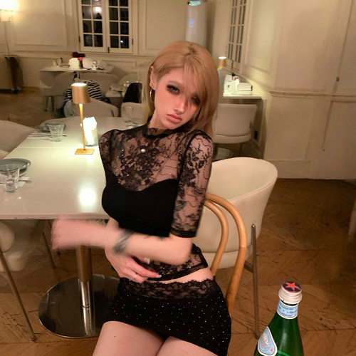 PrettyDragon性感蕾丝透视网纱小高领中袖珍珠闪钻打底衫短上衣女