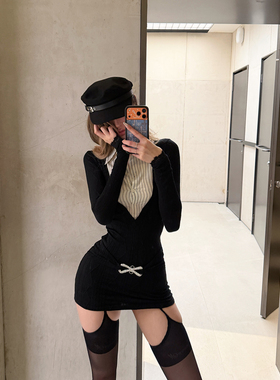 PrettyDragon假两件拼接修身显瘦条纹衬衫领纯棉针织连衣裙短裙女