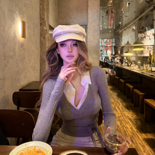 PrettyDragon性感假两件微闪绑带v领打底杉针织polo衫长袖T恤女春