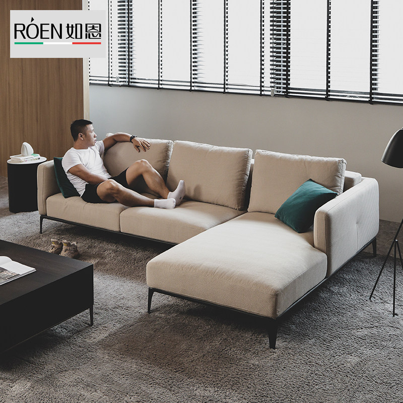 如恩 意式现代极简约风格浅色三人贵妃转角组合羽绒布艺沙发cb030