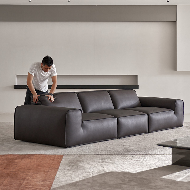 如恩意式极简全青皮海绵真皮沙发