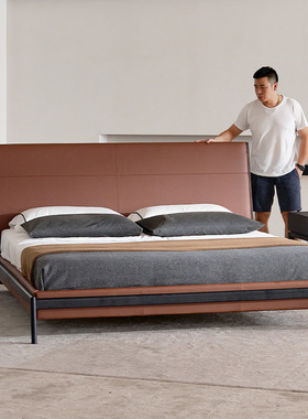 如恩 高端意式极简真皮床主卧大靠背双人床实木高靠背皮艺床BD113