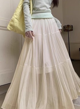 温柔风设计感压褶半身裙浅紫色A字裙女夏季高腰百搭大摆裙长裙子