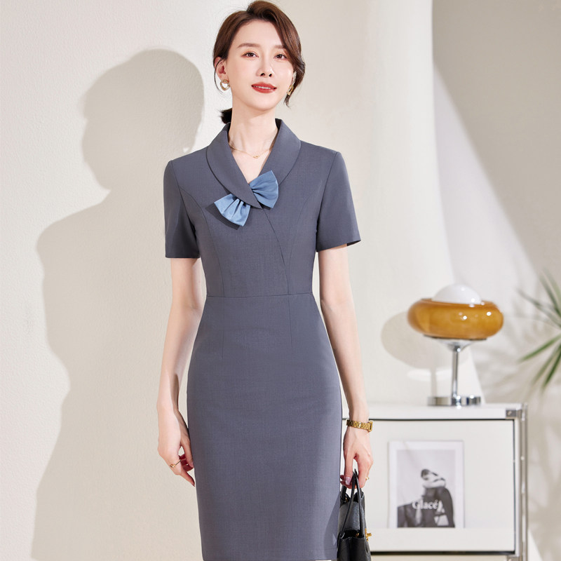 职业连衣裙女夏季薄款气质名媛短袖销售OL制服珠宝店美容院工作服