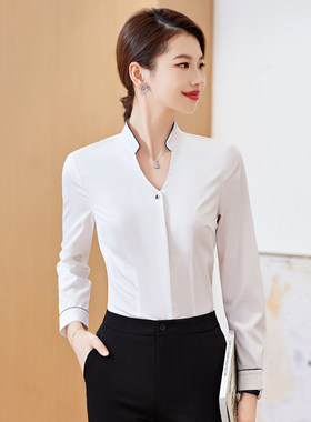 通勤长袖白衬衫立领工作服