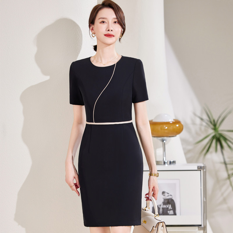 黑色短袖圆领职业连衣裙法式复古4s店工作服白色制服销售前台正装