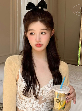 韩国进口黑色立体蝴蝶结珍珠发夹少女顶夹ins博主鸭嘴夹捏夹发饰