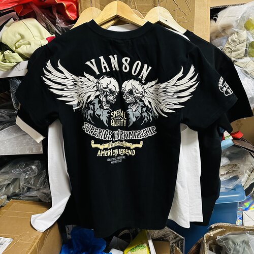 Vanson骷髅翅膀男士圆领T恤短袖刺绣机车纯棉磨毛半袖黑色情侣款